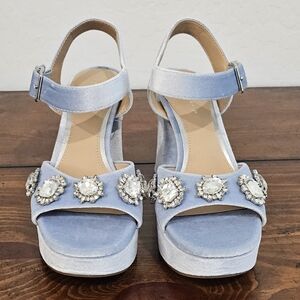 Light Blue Women's Velvet Rhinestone Embellished Heels Vintage Look Size 8 NWOB